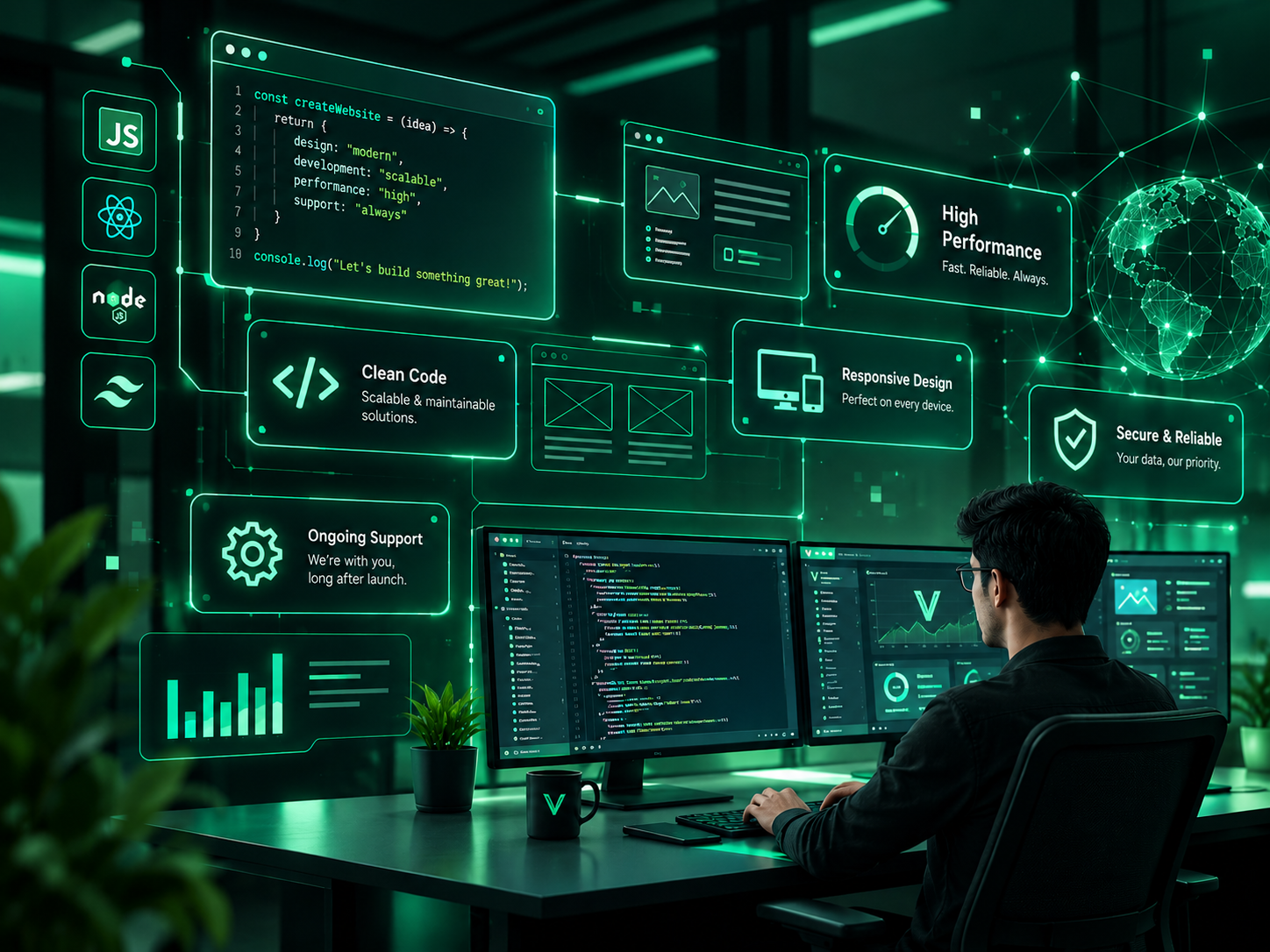 Why choose Verdex: developer workspace with glowing code panels